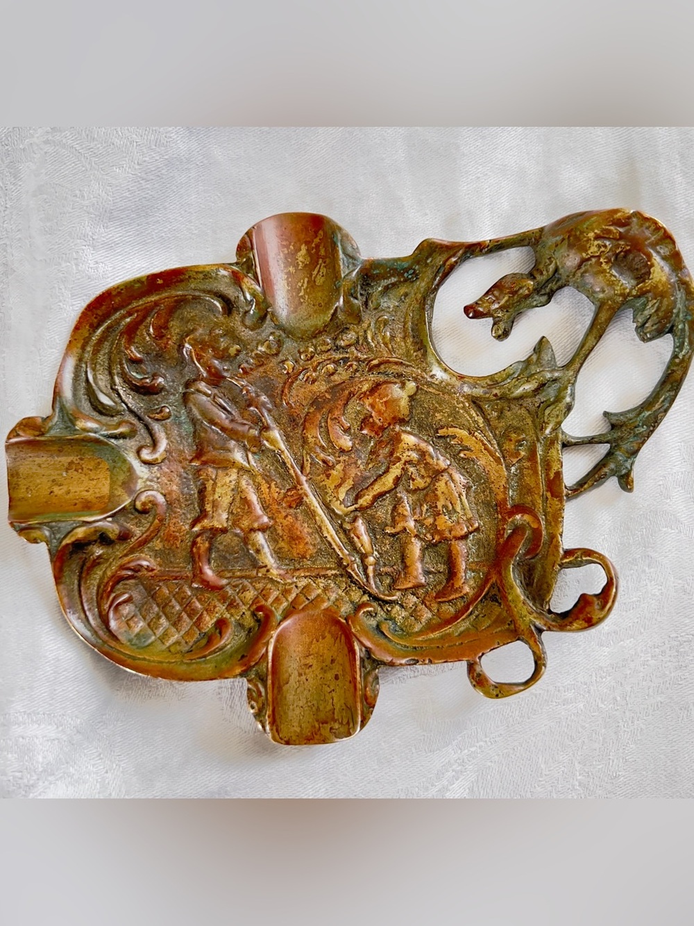 Antique Art Nouveau Dragon Ashtray Trinket Holder Heavy Brass Dish